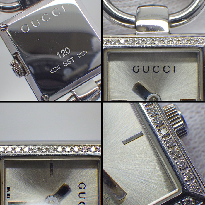 グッチ GUCCI 腕時計 トルナヴォーニ 120/YA120506 ホースビット ダイヤベゼル スクエア サンレイ シルバー文字盤 SS クオーツアナログ 【中古】