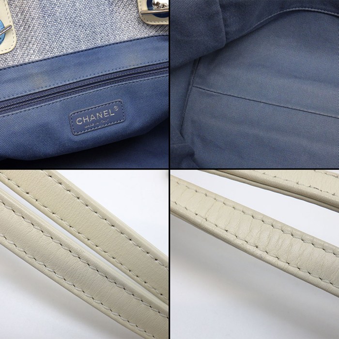 シャネル CHANEL ショルダーバッグ ドーヴィル MM チェーントート A67001 2014年 ブルー ホワイト ラフィア レザー シルバー金具 【中古】