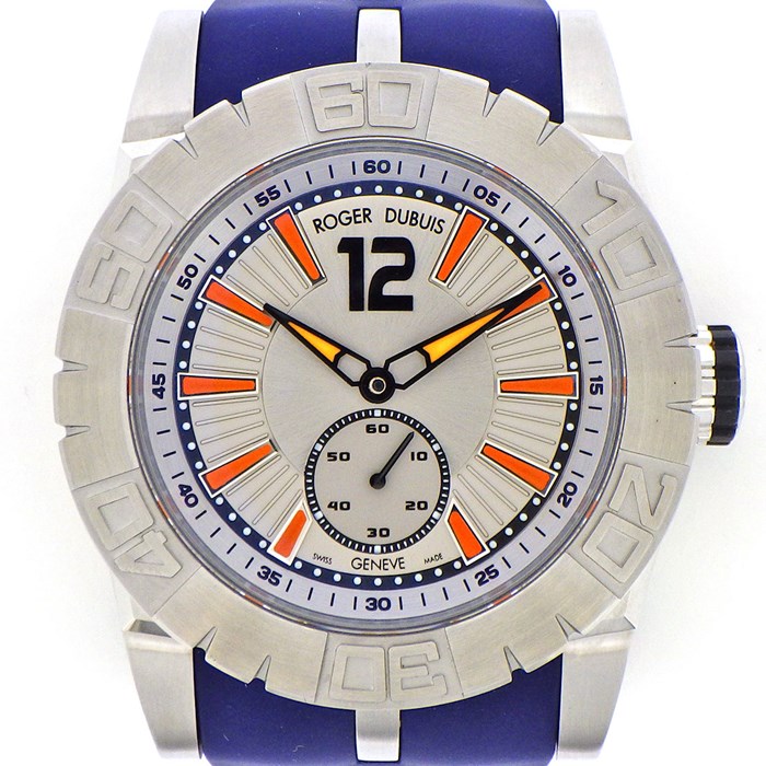 【ロジェ・デュブイ ROGER DUBUIS】腕時計 ニューイージーダイバー SED46-821-91-00/03A01/A スモールセコンド 回転式ベゼル オレンジ インデックス 裏スケ シルバー 文字盤 SS ネイビー ラバー ベルト 自動巻き 