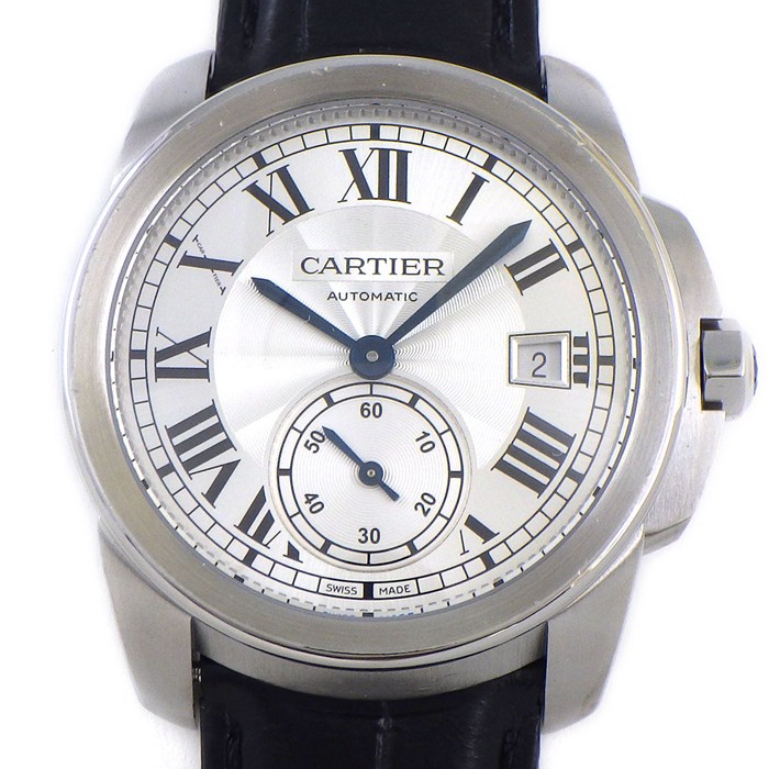 カルティエ Cartier 腕時計 カリブル WSCA0003 裏スケ デイト スモールセコンド ギョーシェ シルバー文字盤 SS ブラック アリゲーターレザーベルト 自動巻き 【中古】