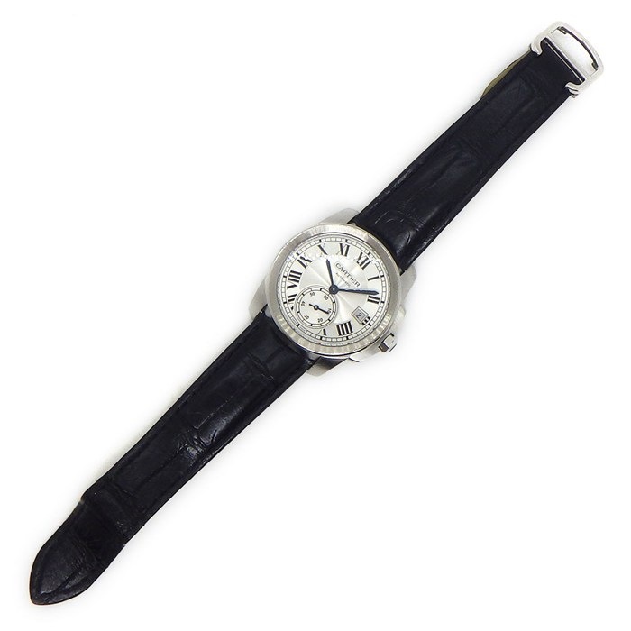 カルティエ Cartier 腕時計 カリブル WSCA0003 裏スケ デイト スモールセコンド ギョーシェ シルバー文字盤 SS ブラック アリゲーターレザーベルト 自動巻き 【中古】