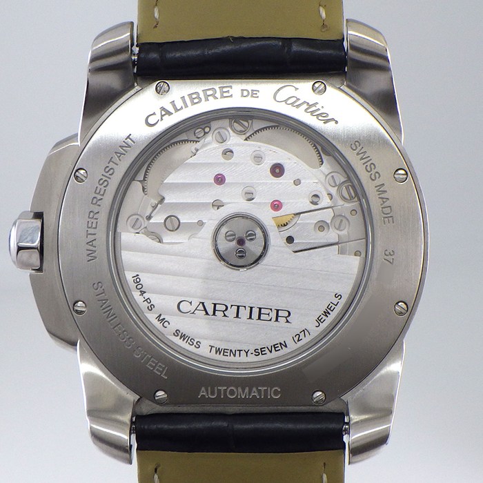 カルティエ Cartier 腕時計 カリブル WSCA0003 裏スケ デイト スモールセコンド ギョーシェ シルバー文字盤 SS ブラック アリゲーターレザーベルト 自動巻き 【中古】