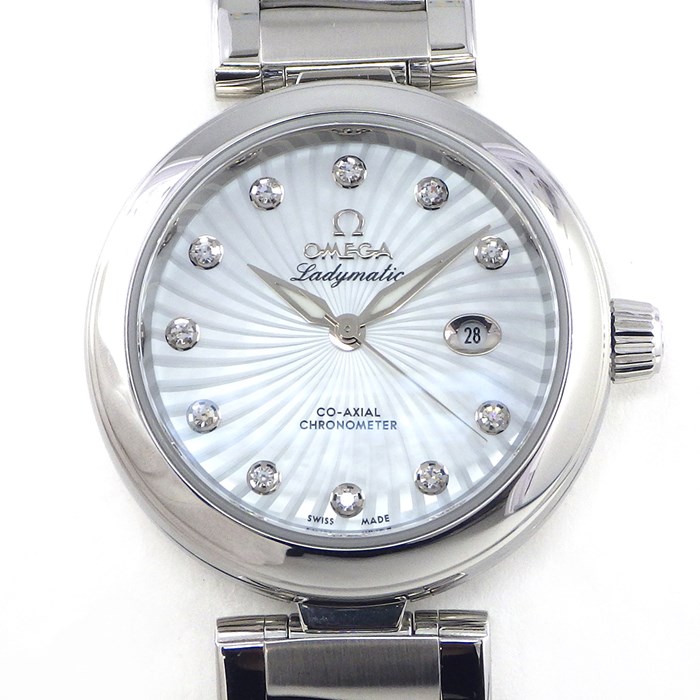 オメガ OMEGA 腕時計 デ・ヴィル レディマティック コレクション 34mm 425.30.34.20.55.001 コーアクシャル クロノメーター デイト 裏スケ 11ポイント ダイヤインデックス スーパーノヴァ ホワイトシェル文字盤 SS 自動巻き 【中古】