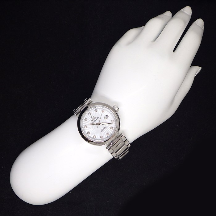 オメガ OMEGA 腕時計 デ・ヴィル レディマティック コレクション 34mm 425.30.34.20.55.001 コーアクシャル クロノメーター デイト 裏スケ 11ポイント ダイヤインデックス スーパーノヴァ ホワイトシェル文字盤 SS 自動巻き 【中古】