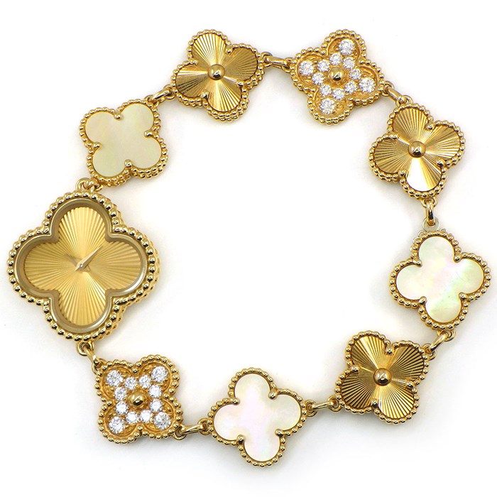 ヴァンクリーフ＆アーペル Van Cleef & Arpels 腕時計 スウィート アルハンブラ VCARO8WW00 ゴールド ギョーシェ クローバー 文字盤 3ポイント ゴールド シェル 24ポイント ダイヤモンド 0.95ct K18YG クオーツアナログ 【中古】