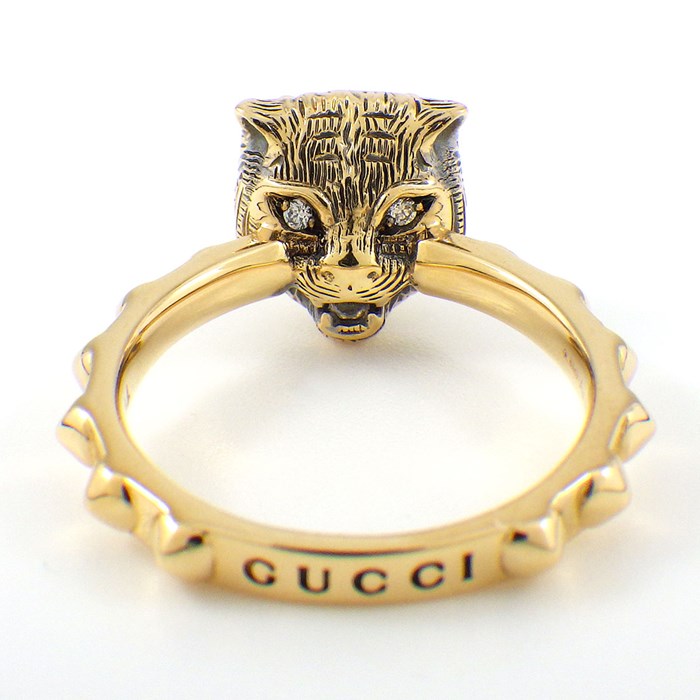 グッチ GUCCI リング ル マルシェ デ メルヴェイユ キャット フェイス スタッズ ラウンド オニキス 3ポイント ダイヤモンド K18YG 14号 / #14 【中古】