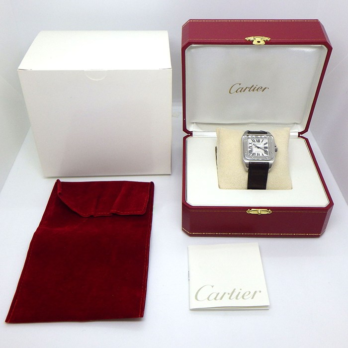 カルティエ Cartier 腕時計 サントス100 MM W20106X8 スクエア シルバー文字盤 SS ブラック アリゲーターレザーベルト 自動巻き 【中古】