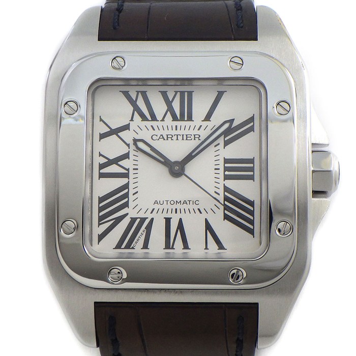 カルティエ Cartier 腕時計 サントス100 MM W20106X8 スクエア シルバー文字盤 SS ブラック アリゲーターレザーベルト 自動巻き 【中古】