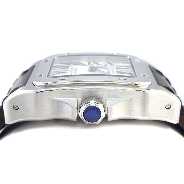 カルティエ Cartier 腕時計 サントス100 MM W20106X8 スクエア シルバー文字盤 SS ブラック アリゲーターレザーベルト 自動巻き 【中古】