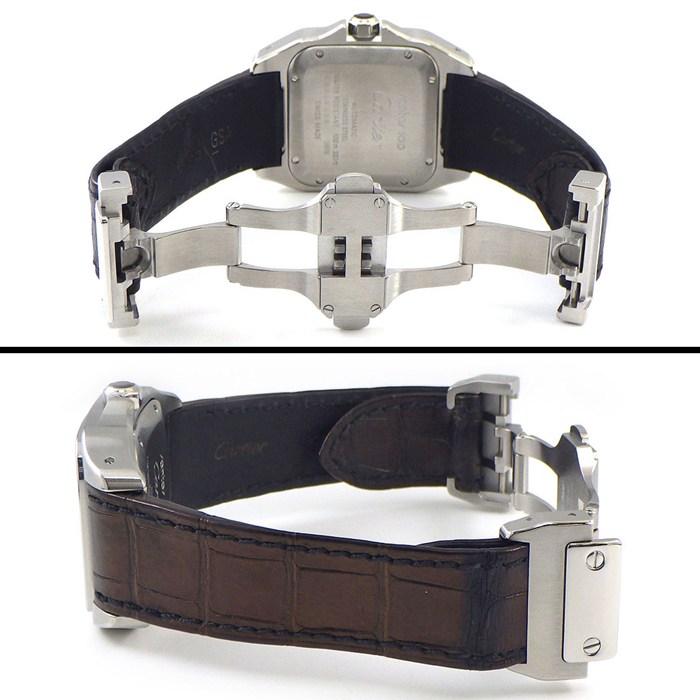 カルティエ Cartier 腕時計 サントス100 MM W20106X8 スクエア シルバー文字盤 SS ブラック アリゲーターレザーベルト 自動巻き 【中古】