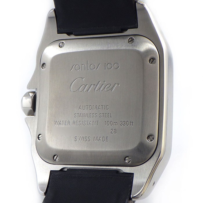 カルティエ Cartier 腕時計 サントス100 MM W20106X8 スクエア シルバー文字盤 SS ブラック アリゲーターレザーベルト 自動巻き 【中古】