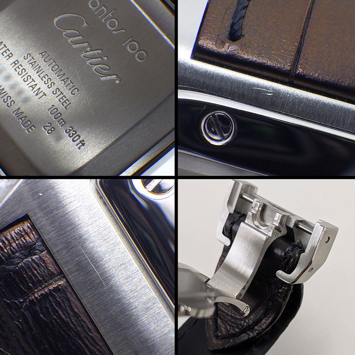 カルティエ Cartier 腕時計 サントス100 MM W20106X8 スクエア シルバー文字盤 SS ブラック アリゲーターレザーベルト 自動巻き 【中古】
