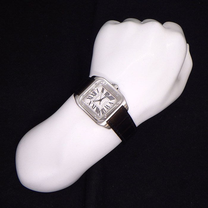 カルティエ Cartier 腕時計 サントス100 MM W20106X8 スクエア シルバー文字盤 SS ブラック アリゲーターレザーベルト 自動巻き 【中古】