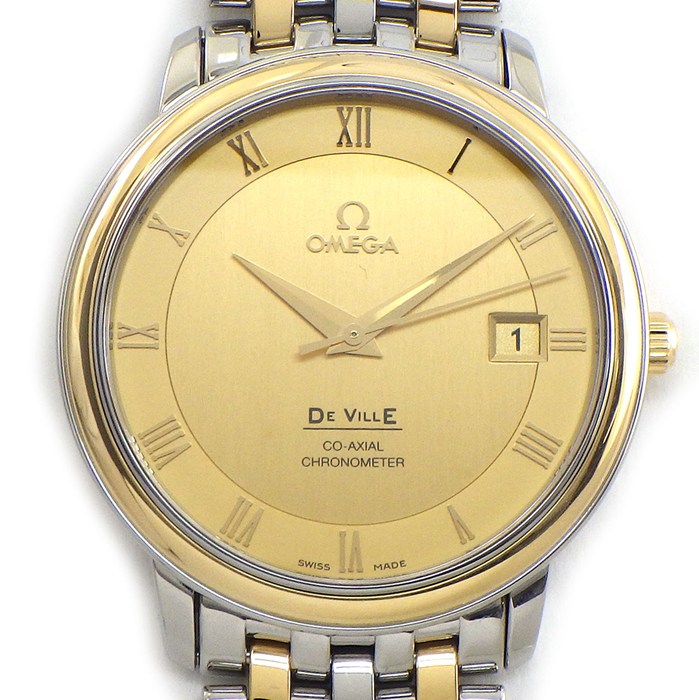 オメガ OMEGA 腕時計 デ・ヴィル プレステージ コーアクシャル 4374.11.00 ゴールド文字盤 ローマンインデックス カレンダー K18YG SS 自動巻き 【中古】