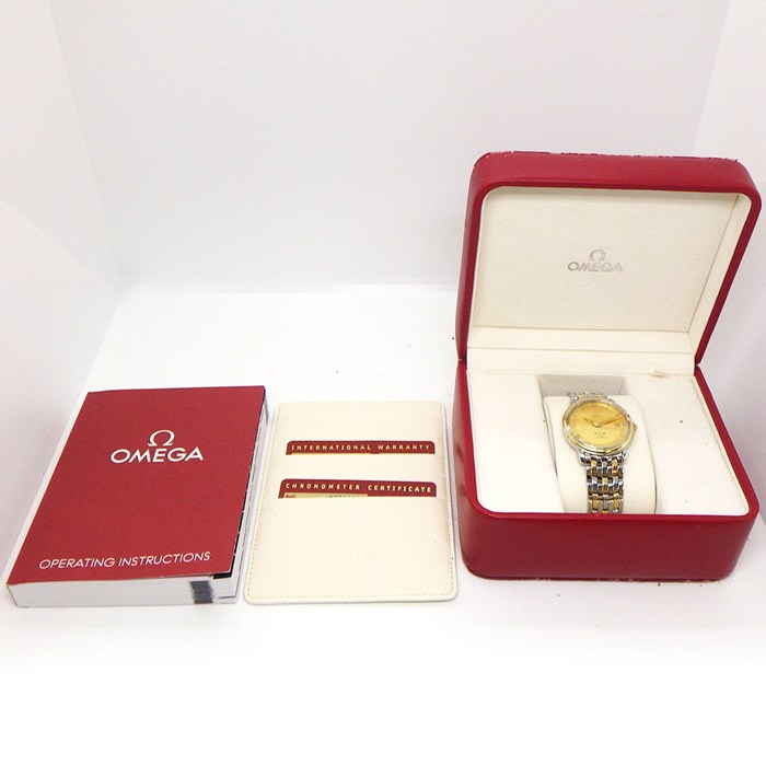 オメガ OMEGA 腕時計 デ・ヴィル プレステージ コーアクシャル 4374.11.00 ゴールド文字盤 ローマンインデックス カレンダー K18YG SS 自動巻き 【中古】