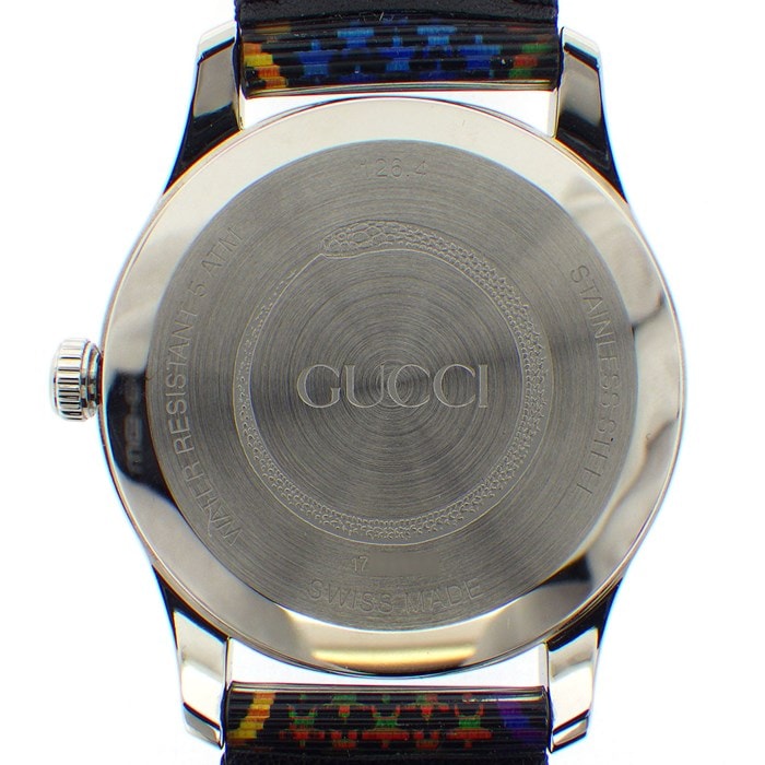 【★最終お値引き品】 グッチ GUCCI 腕時計 Gタイムレス GGサイケデリック YA1264146 マルチカラー ブラック 黒 文字盤 ロゴ SS レザーベルト クオーツアナログ 【箱・保付き】 【中古】