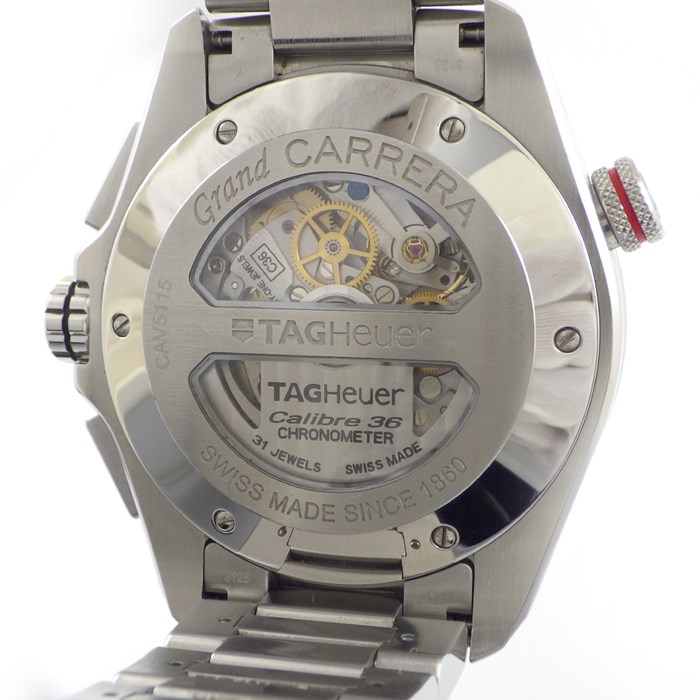 タグ・ホイヤー TAG Heuer 腕時計 グランドカレラ CAV5115/BAO902 デイト クロノグラフ スモールセコンド タキメーター 夜光針・インデックス 裏スケルトン ブラック文字盤 黒 SS 自動巻き 【箱・保付き】 【中古】