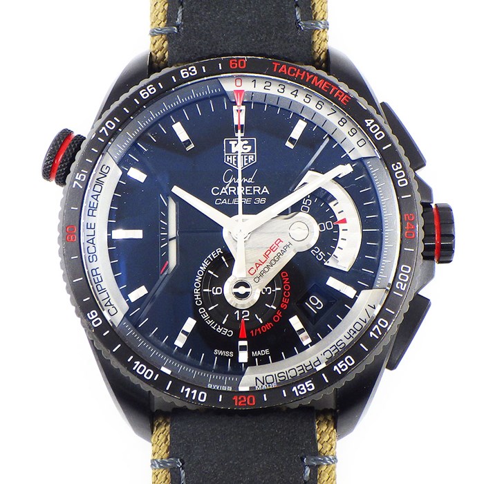 タグ・ホイヤー TAG Heuer 腕時計 グランドカレラ キャリバー36RS CAV5185.FC6237 カレンダー クロノグラフ タキメーター 裏スケ ブラック 文字盤 チタン グレー 革 ベージュ 黒 自動巻き 【中古】