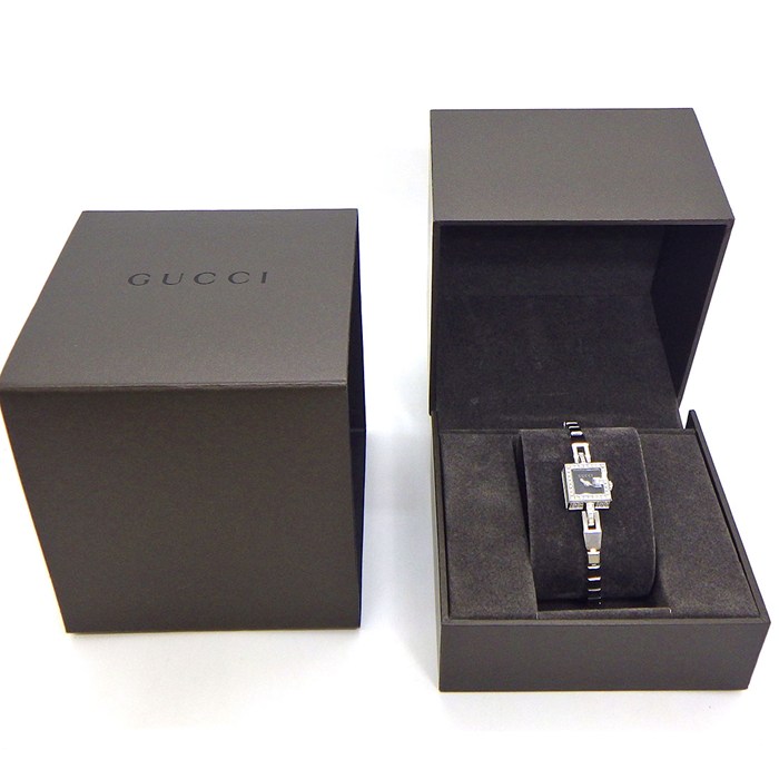 グッチ GUCCI 腕時計 Gミニ 102 パヴェ ダイヤケース/ベゼル スクエア ブラック文字盤 SS クオーツアナログ 【中古】