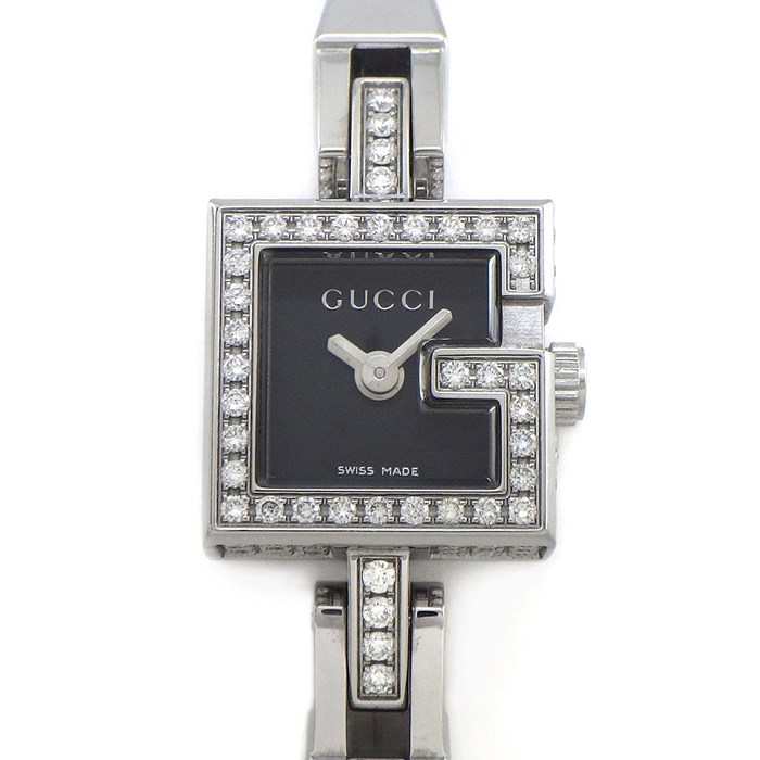 グッチ GUCCI 腕時計 Gミニ 102 パヴェ ダイヤケース/ベゼル スクエア ブラック文字盤 SS クオーツアナログ 【中古】