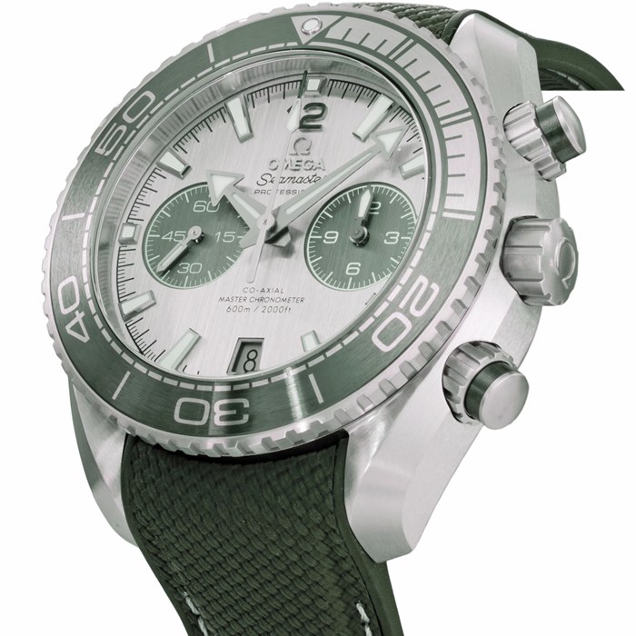 【新品・5年保証】オメガ OMEGA 腕時計 シーマスター プラネットオーシャン 600M 215.32.46.51.06.001 コーアクシャル マスタークロノメーター クロノグラフ デイト サテン仕上げ グレー文字盤 SS セラミック グリーン メッシュ ラバーベルト 自動巻き 【箱・保付き】