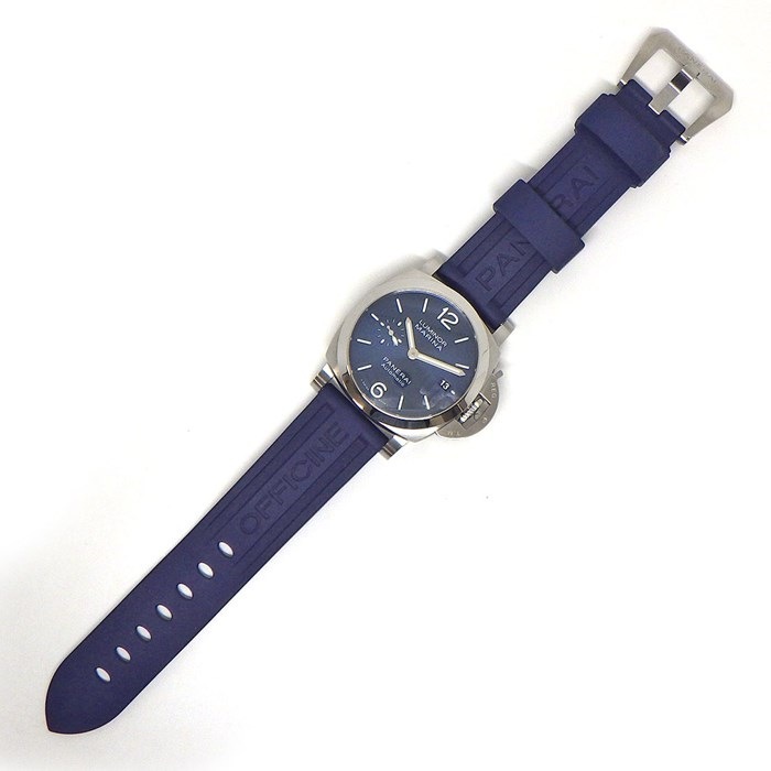 パネライ PANERAI 腕時計 ルミノールマリーナ クアランタ PAM01370 サンレイ ブルー文字盤 カレンダー スモールセコンド パワーリザーブ ラバー SS 自動巻き 【箱・保付き】 【中古】