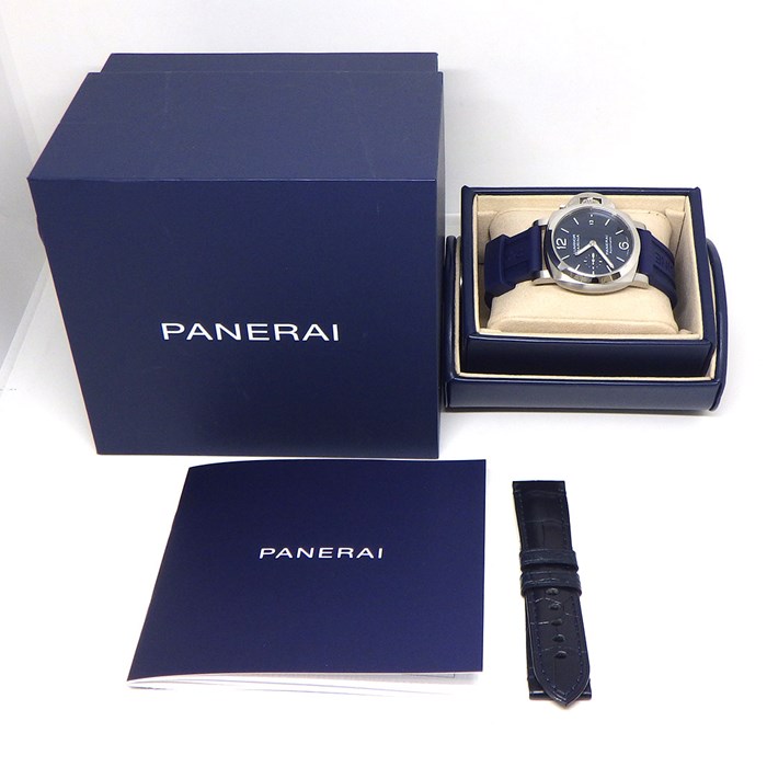 パネライ PANERAI 腕時計 ルミノールマリーナ クアランタ PAM01370 サンレイ ブルー文字盤 カレンダー スモールセコンド パワーリザーブ ラバー SS 自動巻き 【箱・保付き】 【中古】