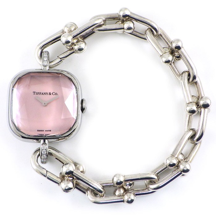 ティファニー Tiffany & Co. 腕時計 ハードウェアウォッチ 74849814 ダイヤラグ スクエア ピンクシェル文字盤 チェーンブレスレット SS SV925 クオーツアナログ 【中古】