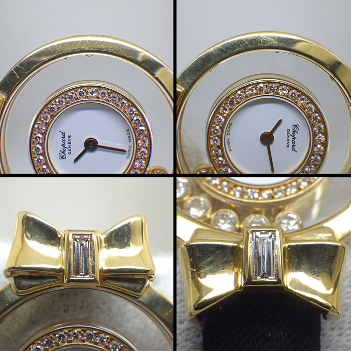 ショパール Chopard 腕時計 ハッピーダイヤモンド 20/5334 リボン 5ポイント ムービングダイヤ ダイヤベゼル/ラグ ホワイト文字盤 GP ブラック サテン/レザーベルト クオーツアナログ 【中古】
