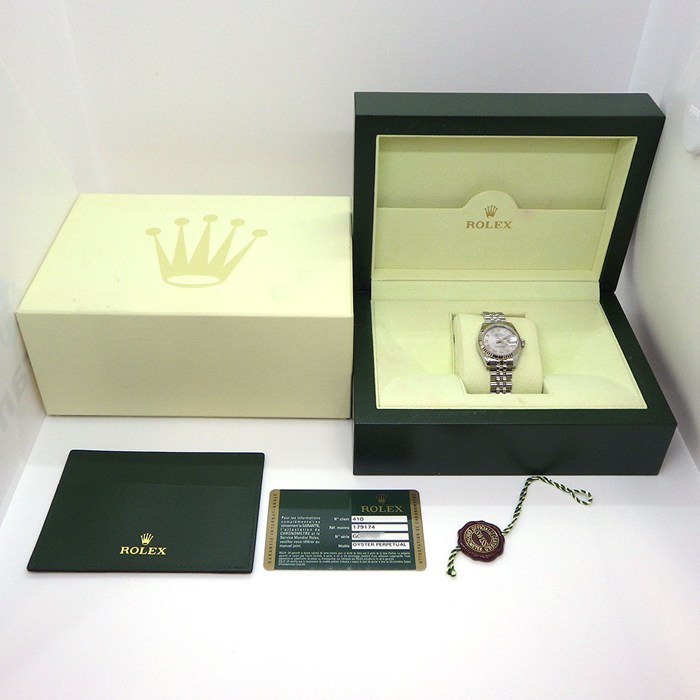 ロレックス Rolex 腕時計 デイトジャスト 179174 ルーレット刻印 シルバー文字盤 ローマンインデックス デイト K18WG SS 自動巻き 【箱・保付き】 【中古】
