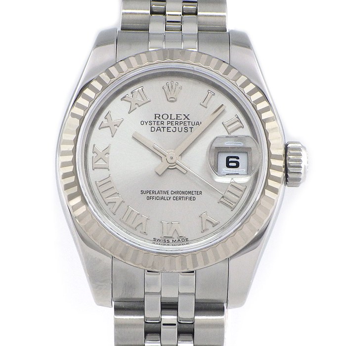 ロレックス Rolex 腕時計 デイトジャスト 179174 ルーレット刻印 シルバー文字盤 ローマンインデックス デイト K18WG SS 自動巻き 【箱・保付き】 【中古】