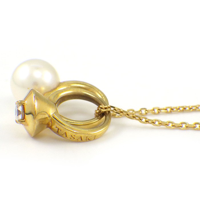 タサキ 田崎真珠 TASAKI ネックレス チャーム ダブル リング ダイヤモンド 0.04ct パール 5mm珠 K18YG 【中古】