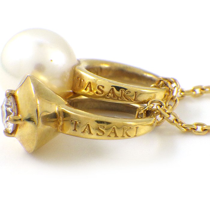 タサキ 田崎真珠 TASAKI ネックレス チャーム ダブル リング ダイヤモンド 0.04ct パール 5mm珠 K18YG 【中古】