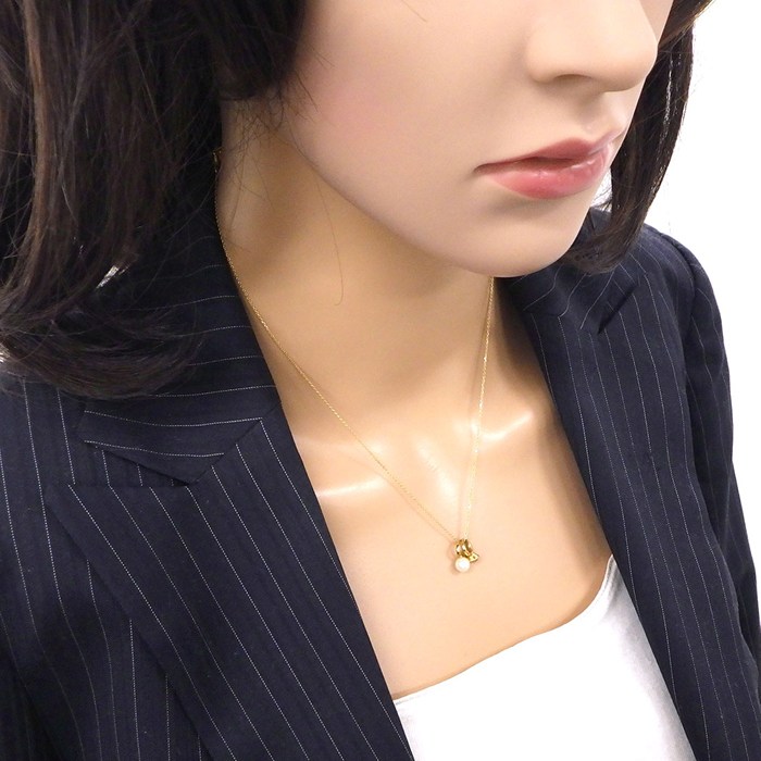 タサキ 田崎真珠 TASAKI ネックレス チャーム ダブル リング ダイヤモンド 0.04ct パール 5mm珠 K18YG 【中古】