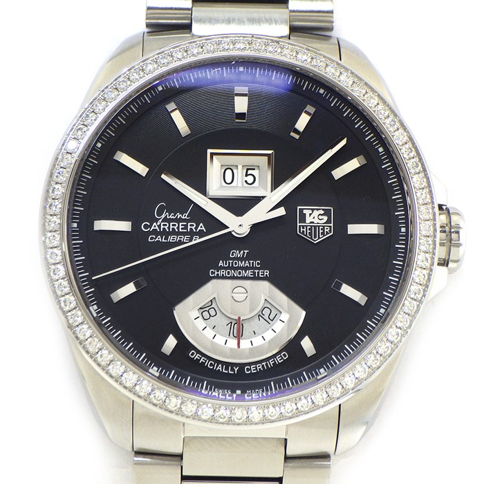 タグ・ホイヤー TAG Heuer 腕時計 グランドカレラ キャリバー8 WAV5115.BA0901 デイト 夜光インデックス 夜行針 裏スケ GMT 72ポイント ダイヤベゼル 1.20ct ブラック文字盤 SS 自動巻き 【中古】