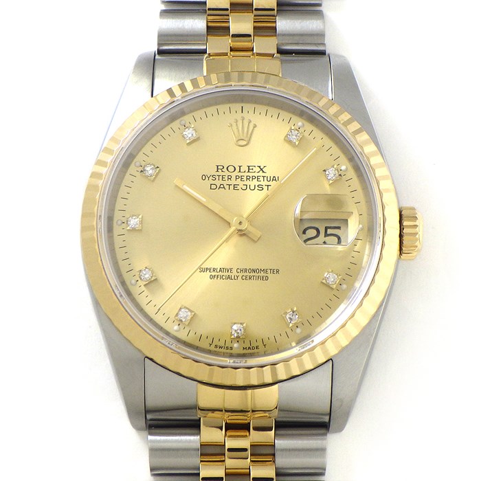 ロレックス Rolex 腕時計 デイトジャスト 36 16233G E番 1990-1991年製 10ポイント 旧ダイヤ インデックス サンレイ シャンパンカラー文字盤 フルーテッドベゼル ジュビリーブレス SS K18YG 自動巻き 【中古】