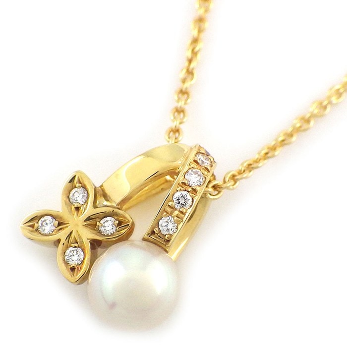 ミキモト MIKIMOTO ネックレス フラワーモチーフ パール 5.5mm珠 ダイヤモンド K18YG 【中古】