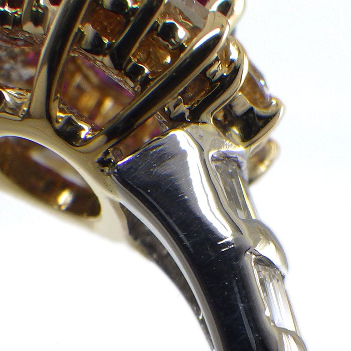 【パープルサファイア ダイヤモンド】 リング フラワーモチーフ 1ポイント オーバルカット パープル サファイア 0.73ct マルチカット ダイヤモンド 0.60ct PT900 K18YG 12号 【中古】