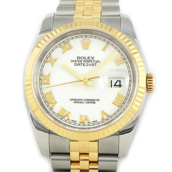 ロレックス Rolex 腕時計 デイトジャスト 36 116233 ローマンインデックス ホワイト文字盤 デイト K18YG SS 自動巻き 【中古】