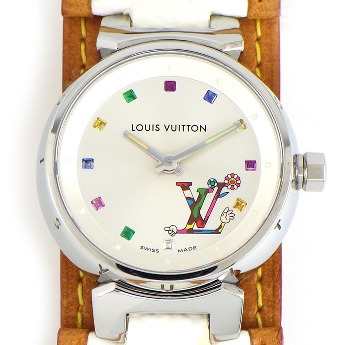 【ルイ・ヴィトン LOUIS VUITTON】腕時計 タンブール ラブモノグラム 村上隆 コラボ 世界 500本限定 レア Q12130 LVハンド マルチストーンインデックス シルバーサンレイ文字盤 マルチカラー レザー クオーツアナログ SS