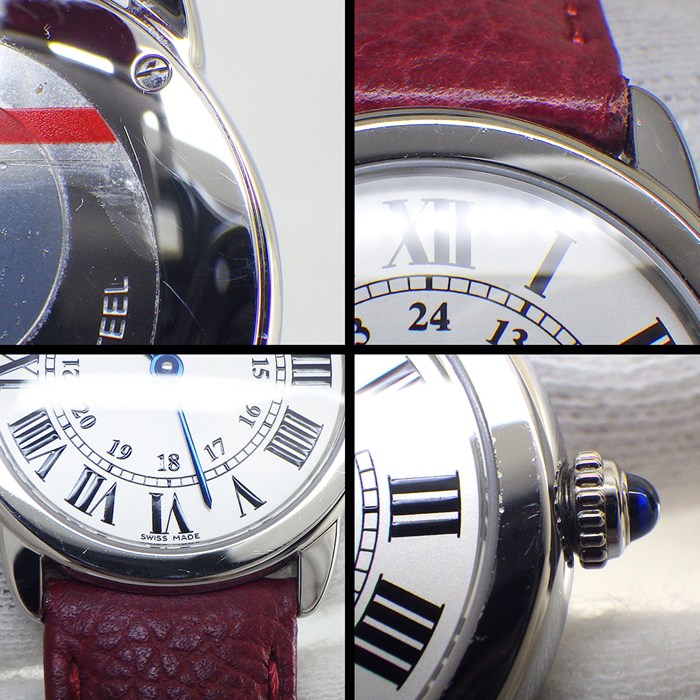 カルティエ Cartier 腕時計 ロンドソロ WSRN0019 シルバー文字盤 ローマンインデックス レッド レザーベルト SS クオーツアナログ 【中古】