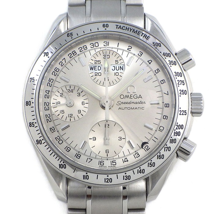 オメガ OMEGA 腕時計 スピードマスター デイデイト 3523.30.00 クロノグラフ タキメーター スモールセコンド 夜光インデックス 夜光針 サンレイ シルバー文字盤 SS 自動巻き 【OH済み】 【中古】