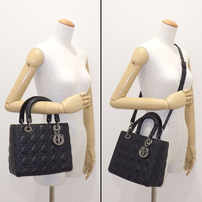 ディオール Dior ハンドバッグ レディディオール ミディアム M0565BNGE ブラック カナージュラムスキン ガンメタル金具 【中古】