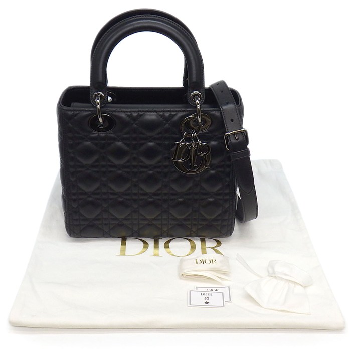 ディオール Dior ハンドバッグ レディディオール ミディアム M0565BNGE ブラック カナージュラムスキン ガンメタル金具 【中古】