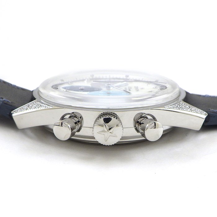ゼニス ZENITH 腕時計 クロノマスター オリジナル 38mm 16.3200.3600/02.C907 573003 デイト クロノグラフ スモールセコンド 裏スケ 夜光針 9ポイント ダイヤインデックス ダイヤラグ ホワイト/ブルー シェル文字盤 SS レザーベルト 自動巻き 【中古】