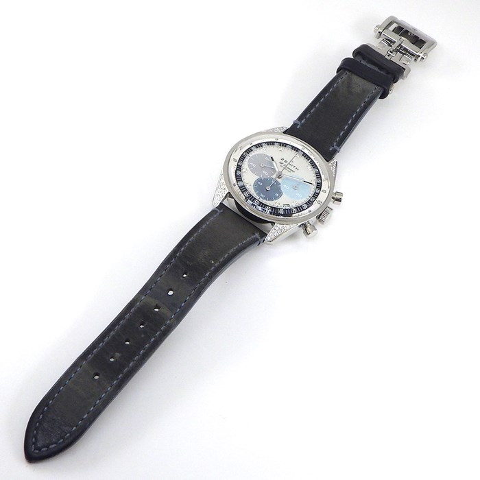 ゼニス ZENITH 腕時計 クロノマスター オリジナル 38mm 16.3200.3600/02.C907 573003 デイト クロノグラフ スモールセコンド 裏スケ 夜光針 9ポイント ダイヤインデックス ダイヤラグ ホワイト/ブルー シェル文字盤 SS レザーベルト 自動巻き 【中古】