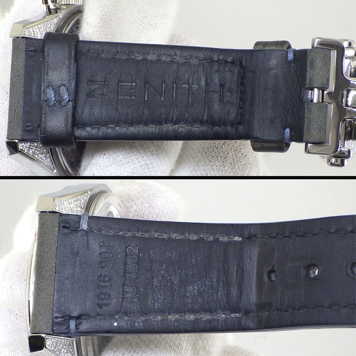 ゼニス ZENITH 腕時計 クロノマスター オリジナル 38mm 16.3200.3600/02.C907 573003 デイト クロノグラフ スモールセコンド 裏スケ 夜光針 9ポイント ダイヤインデックス ダイヤラグ ホワイト/ブルー シェル文字盤 SS レザーベルト 自動巻き 【中古】