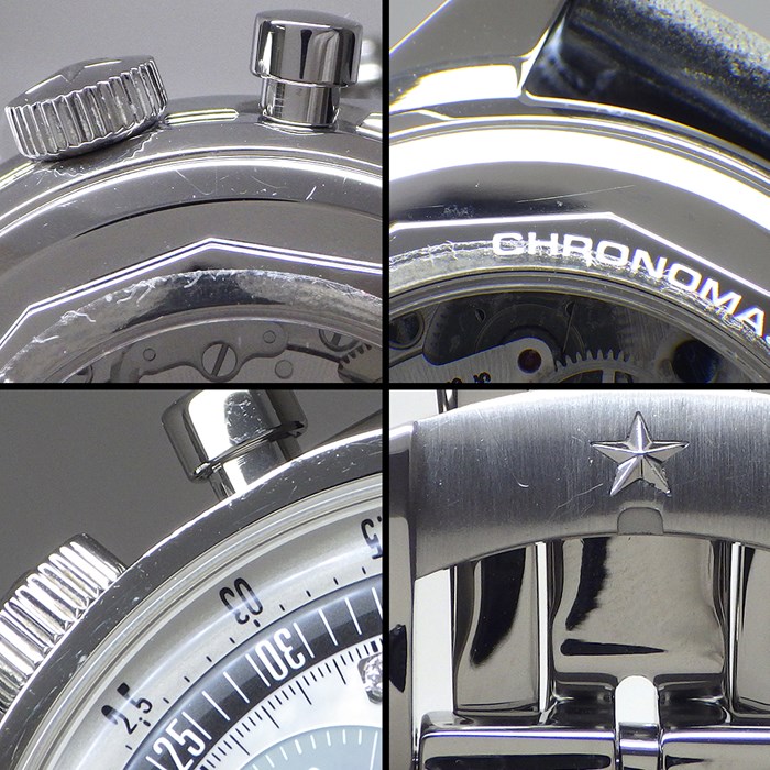 ゼニス ZENITH 腕時計 クロノマスター オリジナル 38mm 16.3200.3600/02.C907 573003 デイト クロノグラフ スモールセコンド 裏スケ 夜光針 9ポイント ダイヤインデックス ダイヤラグ ホワイト/ブルー シェル文字盤 SS レザーベルト 自動巻き 【中古】