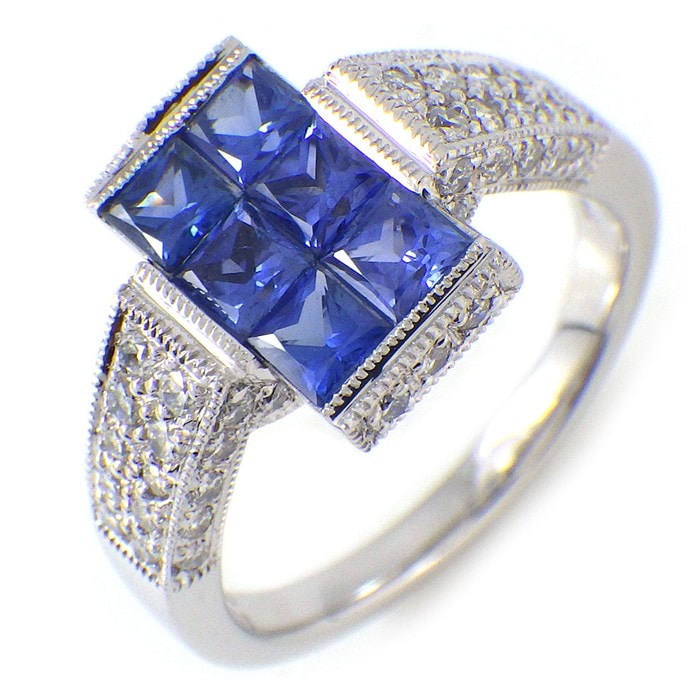 【スクエアカットサファイア ダイヤモンド】 リング 6ポイント スクエアカット サファイア 計1.15ct パヴェ ダイヤモンド 計0.50ct PT900 14号 【中古】