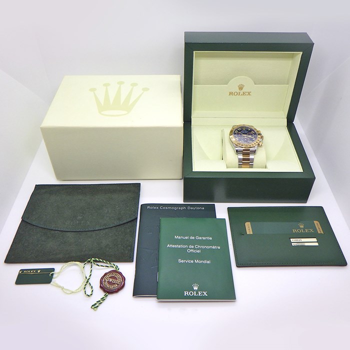 ロレックス Rolex 腕時計 コスモグラフ デイトナ 40mm 116523 G番 2010年 ルーレット刻印 クロノグラフ タキメーター スモールセコンド 裏スケ 夜光インデックス 夜光針 ネイビー文字盤 K18YG SS 自動巻き 【箱・保付き】 【中古】
